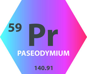 Pr Praseodymium Lanthanide Chemical Element vector illustration diagram, with atomic number and mass. Simple gradient fla hexagon esign for education, lab, science class.