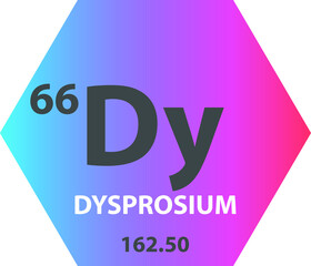 Dy Dysprosium Lanthanide Chemical Element vector illustration diagram, with atomic number and mass. Simple gradient fla hexagon esign for education, lab, science class.