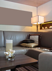 Maritime clean modern interior design inside salon, lounge or bar onboard French yacht cruiseship...