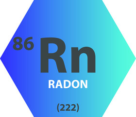 Rn Radon Noble gas Chemical Element vector illustration diagram, with atomic number and mass. Simple gradient fla hexagon esign for education, lab, science class.