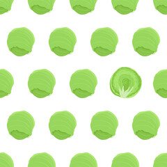 Seamless pattern with iceberg lettuce whole and eye catching element - one half vegetable. Organic food textile. Hand drawn vector nature graphic background.
