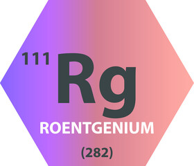 Rg Roentgenium  Chemical Element vector illustration diagram, with atomic number and mass. Simple gradient fla hexagon esign for education, lab, science class.