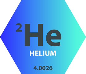 He Helium Noble gas Chemical Element vector illustration diagram, with atomic number and mass. Simple gradient fla hexagon esign for education, lab, science class.
