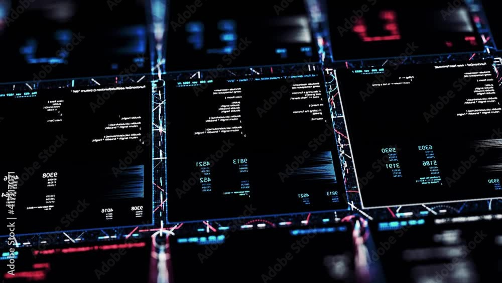 Poster cyber security background with a program for hacking secret business information. animation. rows of