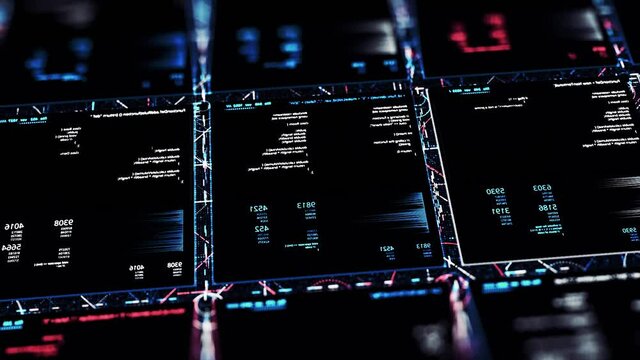 Cyber security background with a program for hacking secret business information. Animation. Rows of abstract squares with data.
