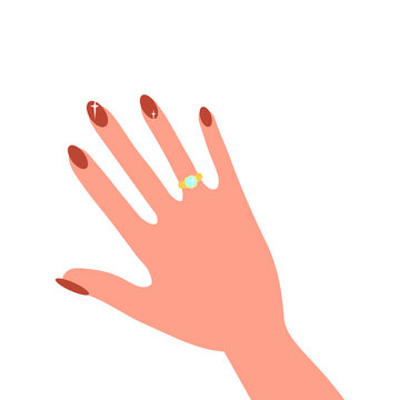 recommend clip art: Elegant female hand with a beautiful manicure and a ring on her finger. Vector illustration isolated on white background