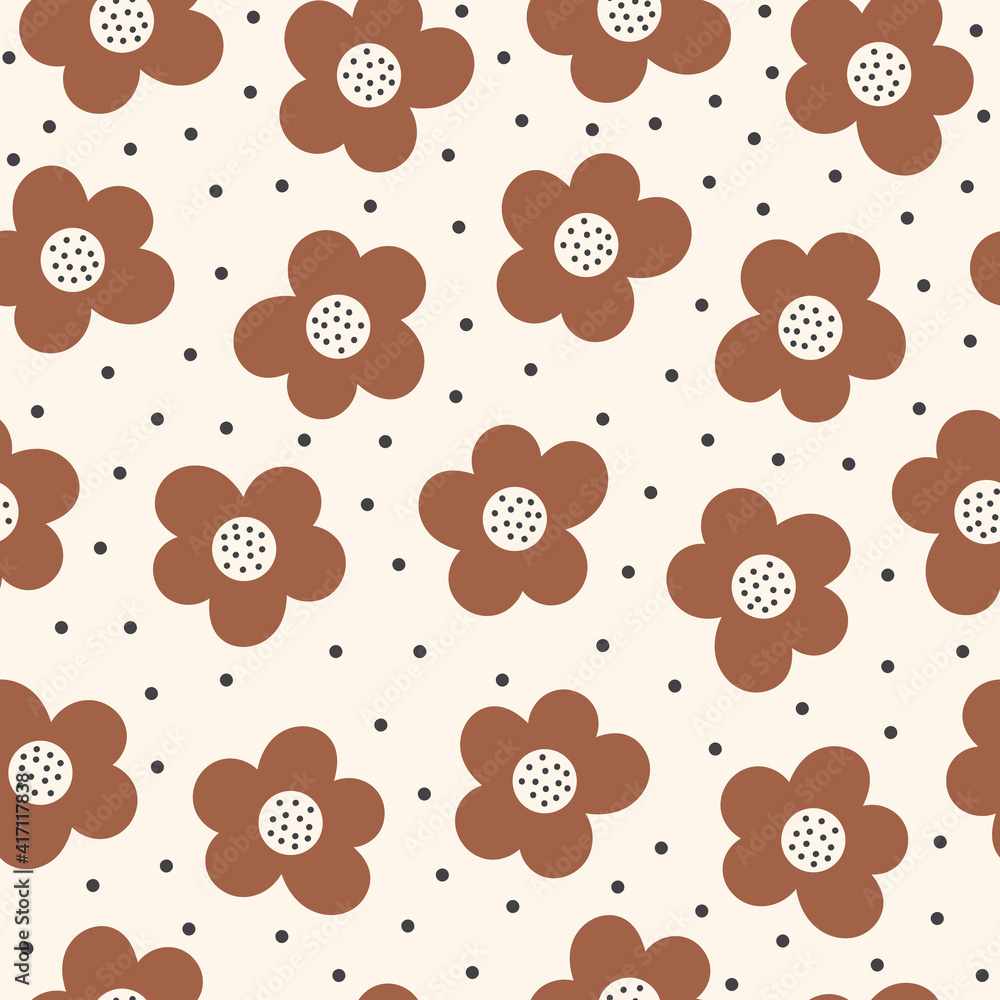Poster modern abstract seamless pattern with brown flowers and dots on pastel background. vector hand drawn