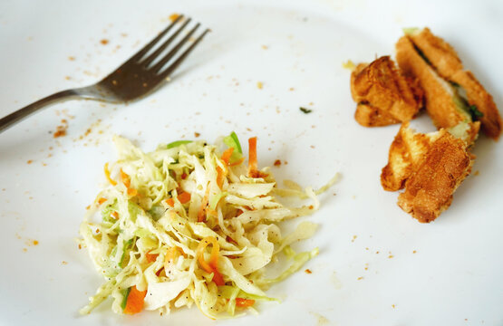 leftover food and fork on white plate