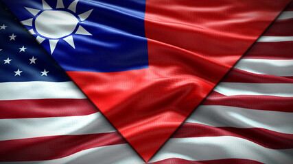 Fototapeta na wymiar Taiwan Flag and United States of America Flag waving Close up with texture Double flag