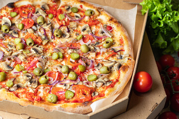 vegetables pizza no meat no cheese fast food savory pie snack healthy meal top view copy space for text food background rustic image vegan or vegetarian food