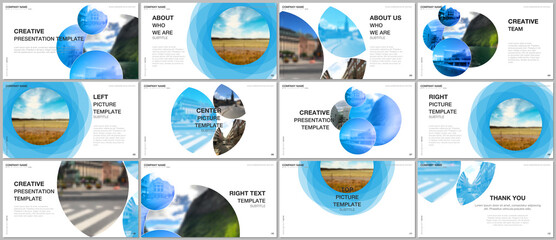 Presentation design vector templates, multipurpose template for presentation slide, flyer, brochure cover design, infographic report presentation. Abstract blue fresh fluid geometric design.