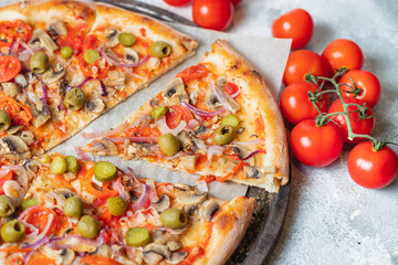 vegetables pizza no meat no cheese fast food savory pie snack healthy meal top view copy space for text food background rustic image vegan or vegetarian food