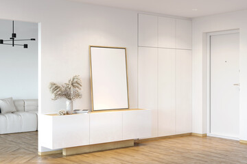 White entrance hall with blank vertical poster and pampas grass on the sideboard, white wardrobe, front door, doorway to the living room with a black chandelier over the white sofa. 3d render