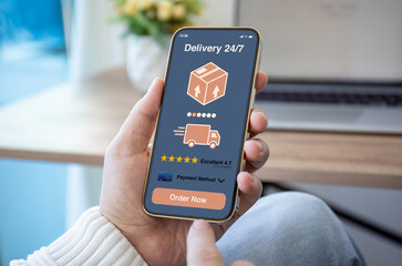 male hands hold phone with parcel delivery application on screen