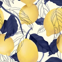 Muurstickers Fruit seamless pattern, pastel lemons and blue leaves on bright yellow © momosama