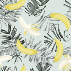 Poster Fruit seamless pattern, Cavendish bananas with palm leaves on bright green © momosama