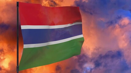 Gambia flag on pole with sky background seamless loop 3d animation