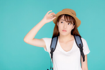 Naklejka premium Beautiful young asian woman upset and worry travel summer trip in abroad isolated on blue background, tourist asia girl having problem and stress journey in vacation for leisure, holiday concept.
