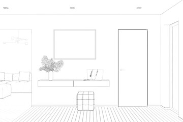 Sketch of the entrance hallway with a blank horizontal poster above a cabinet with the pampas grass in a vase, a pouf on a parquet floor, two doors, a doorway to the living room with a sofa. 3d render