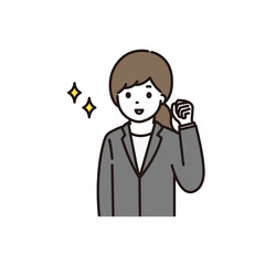 笑顔でガッツポーズをするスーツの女性のイラスト