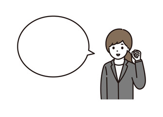 笑顔でガッツポーズをするスーツの女性のイラスト 吹き出し