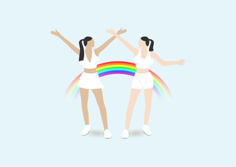 Two girls with raised arms in a white skirt, top and shorts. Rainbow on a light background