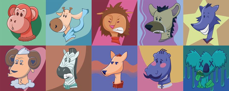 vector set of animal`s emotions, funny set animals illustration for kids, cartoon set of humanized animals