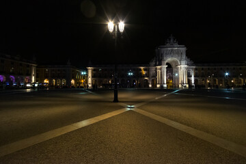 Night on the empty streets and squares of the old city of Lisbon. Commerce Square. Portugal.