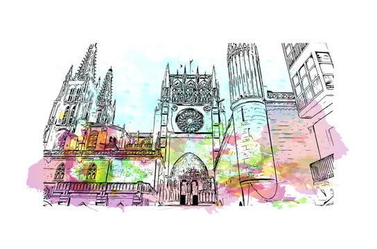 Building view with landmark of Burgos is the
city in Spain. Watercolour splash with hand drawn sketch illustration in vector.