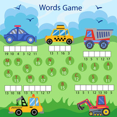 Worksheet with words puzzle game for children. Educational game with differents cars. Place the letters in right order. Find letters from the names auto. Vector illustration.