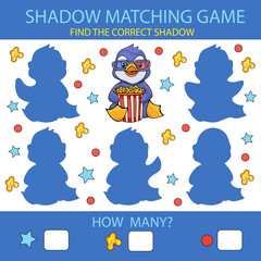 Kids game. Education worksheet activity page. Find the correct shadow differences penguin with popcorn. Vector illustration.