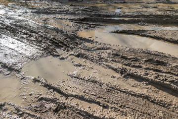 dirty clay mud road with tire tracks at day time - full frame background with hard sun light