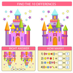 Cute cartoon castle. Kids education worksheet and difference game, activity page. Mathematical exercise. Education vector illustration.