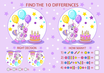 Children funny education game. Find the difference the two birthday illustration with Unicorn. Vector riddle entertainment. Tasks for attention. Mathematical exercise. Birthday décor with ornaments.