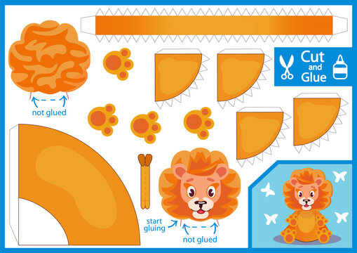 Cut And Glue 3d Paper Lion. Children Craft Puzzle. Kids Game Activity Page, Worksheet. Finger Puppets Show. Vector Illustration.