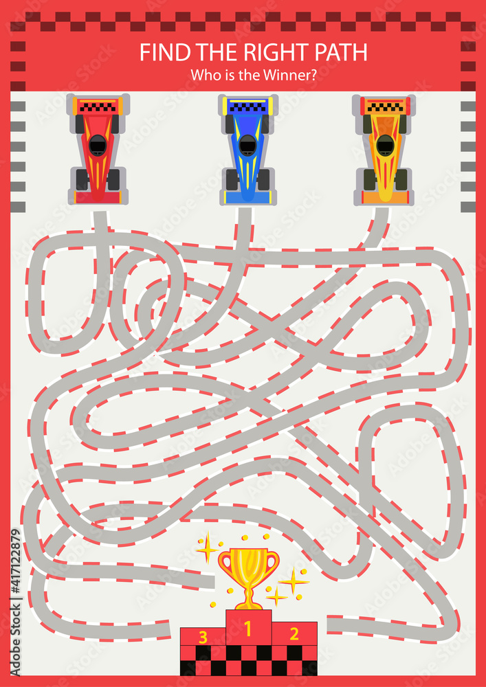 Wall mural kids maze game with racing car. children funny worksheet. education activity page and riddle. vector