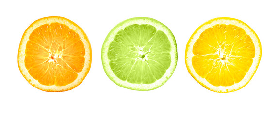Obraz premium Sour fruit. Orange, Lemon, Lime Piece isolated on white background