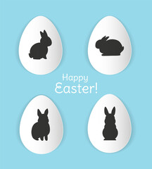 Happy Easter! Stylish modern decorative paper eggs with black bunny silhouettes on blue background. - Vector