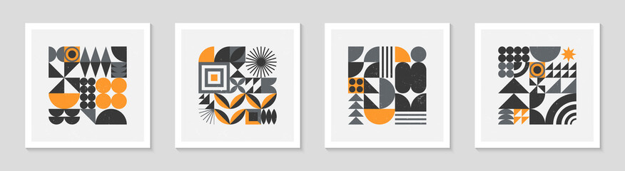 Bündel abstrakter geometrischer Bauhaus-Musterhintergründe.Trendiges minimalistisches geometrisches Design mit einfachen Formen und Elementen.Moderne künstlerische Vektorillustration der Mitte des Jahrhunderts.Futuristisches Wandkunstdekor. © Xenia Artwork 