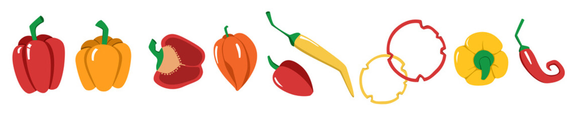 A bright vector set of colorful peppers. A fresh cartoon vegetable isolated on a white background. The illustration is used for magazine, book, poster, postcard, menu cover, web pages.