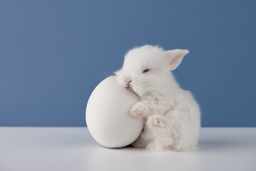 White baby rabbit sleeping on big Easter egg on blue background