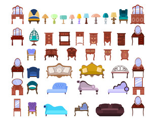 Set of cute antique nightstands, chests of drawers, armchairs, sofas, couches,  lamps, dressing table, cabinets isolated on a white background. Furniture collection. Vector illustration in flat style.