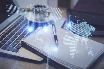 Double exposure of social network drawing and desktop with coffee and items on table background....