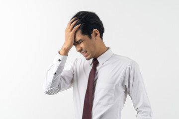 asian young businessman have a headache isolated on white background