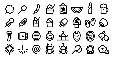 Japanese Festival and Summer Icon Set (Bold outline version)