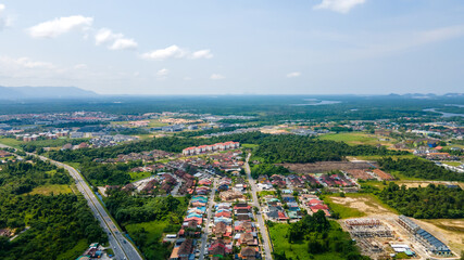 Fototapeta na wymiar Aerial landscape view of residential area at Petra Jaya Kuching, Sarawak