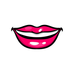 Pink red woman smile lips in pop art style isolated on white background. Cartoon girl make up vector illustration. Sexy pop art lips sticker with. Vintage cartoon pop art of girl pink lips.