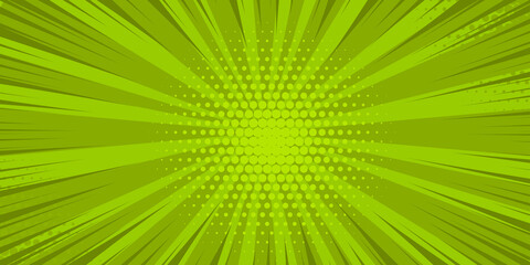 Pop art green comics book cartoon magazine cover. Cartoon funny retro pattern strip mock up. Vector halftone illustration. Vintage backdrop for comic superhero text, speech bubble, message.