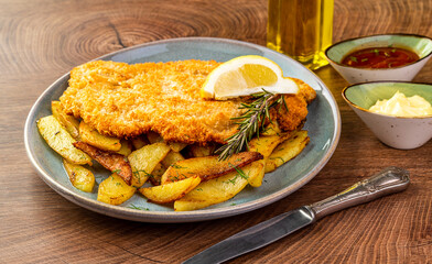 schnitzel with chips on a blue plate
