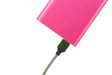 Power bank for charging mobile devices. Pink smart phone charger with power bank. battery bank.